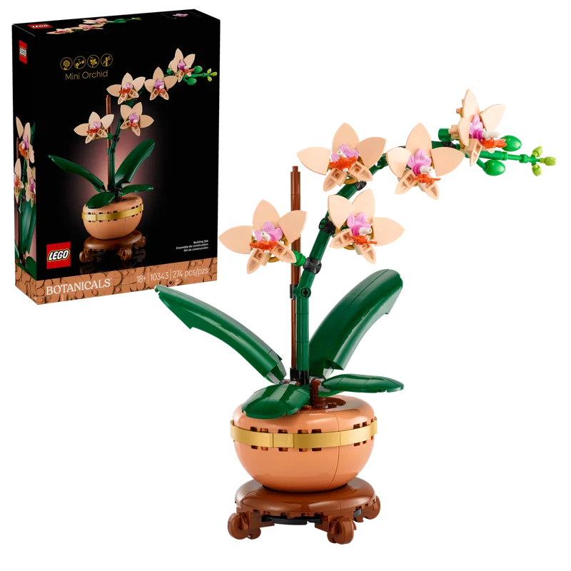 Коробка LEGO Mini Orchid 10343 с изображением орхидеи и деревянной подставки