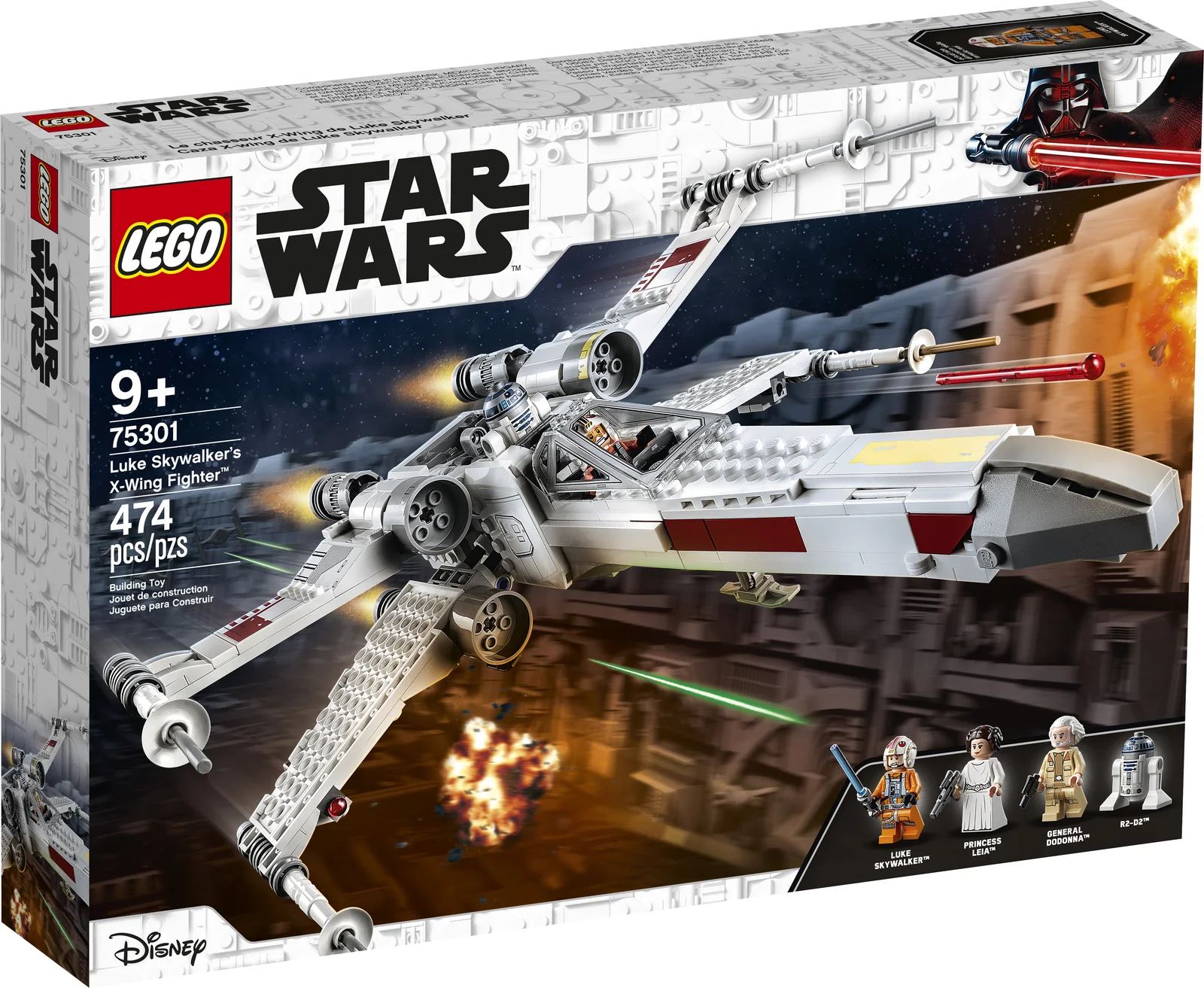 Фигурки Люка Скайуокера, Леи и R2-D2 рядом с LEGO X-wing 75301