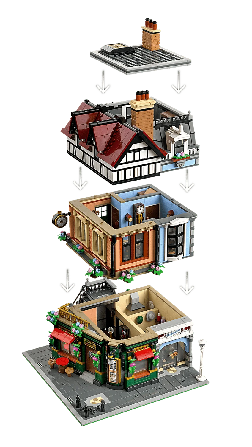 Схема сборки этажей LEGO Tudor Corner 10350